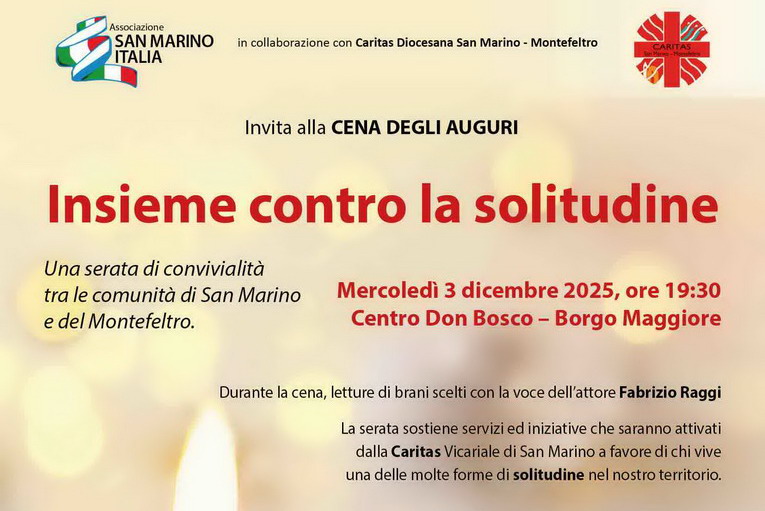 Associazione San Marino Italia e Caritas Diocesana invitano alla Cena degli Auguri “Insieme contro la solitudine”