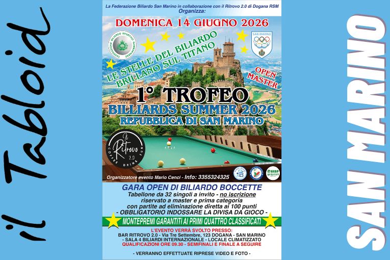 Domenica 14 giugno a Dogana il 1° Trofeo Billiards Summer 2026 con trentadue campioni di biliardo a boccette organizzato dalla federazione sammarinese.